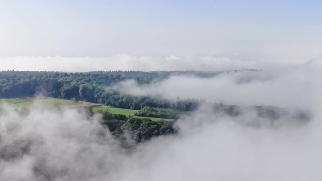 Aerial view of the misty landscape near Weingarten, Baden-Wurttemberg, Germany.