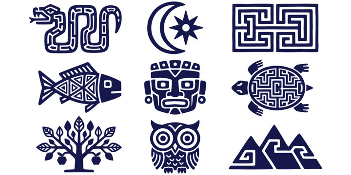 Pre-Columbian ancient tribal vector symbols set including stylized owl turtle snake and mask motifs in traditional Mesoamerican folk art style