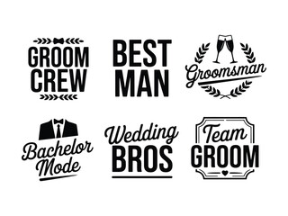 Collection of black weddingthemed typography designs featuring phrases for groomrelated celebrations like bachelor parties and groomsmen duties © MSTTASPRIYA