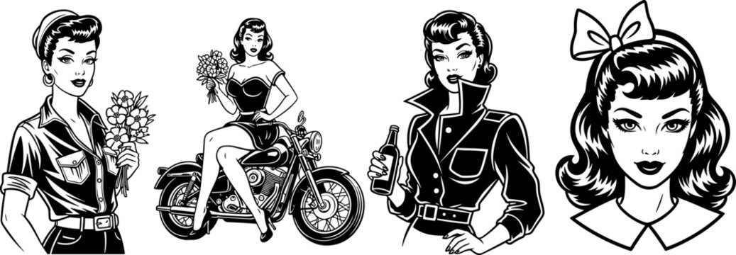 Black, and, white, vintage, illustration, set, of, retro, pinup, women, featuring, a, motorcycle, flowers, leather, jacket, and, midcentury, style, fashion.
