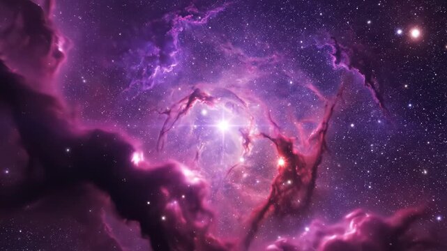 Vibrant Purple Nebula with Glowing Core and Swirling Cosmic Clouds in Deep Space