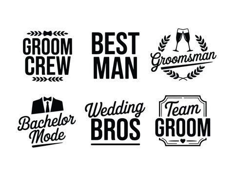 Collection of black weddingthemed typography designs featuring phrases for groomrelated celebrations like bachelor parties and groomsmen duties