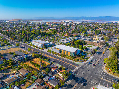 Newark Civic Center aerial view including Public Library, City Hall and Police Department in Newark Civic Center at 37101 Newark Blvd at city center of Newark, California CA, USA. 
