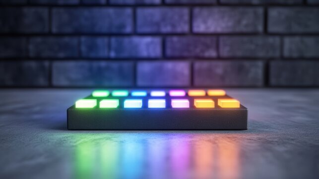 Compact digital midi controller featuring glowing colorful square buttons on dark textured surface with brick wall background