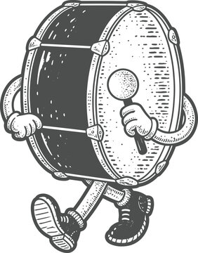 Walking Bass Drum Character Vintage Engraving Illustration &ndash; Marching Band Musical Instrument Black and White Art
