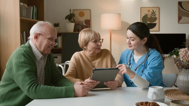 Female nurse explaining medical data on tablet to senior couple in retirement home. Video for senior care services and health insurance advertising