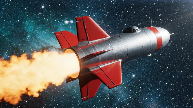Retro-futuristic rocket flying through starry space with bright exhaust flame, 3D animation