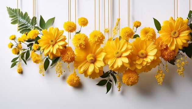 A Vibrant Yellow Flower Arrangement Hangs From A String Against A Stark White Background Drawing The Eye With Its Bright Color And Contrasting Simplicity