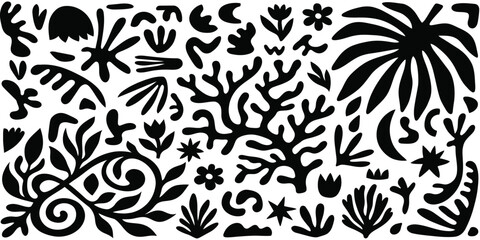 Fototapeta premium Abstract Black and White Organic Botanical Shapes Collection for Modern Minimalist Graphic Design Backgrounds and Decorative Surface Pattern Elements