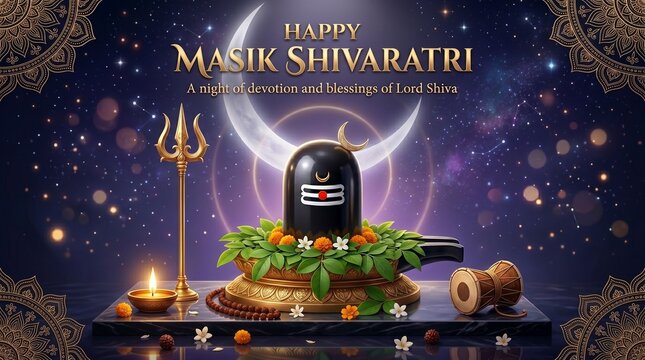 Happy masik shivaratri greeting with shiva lingam and trishul