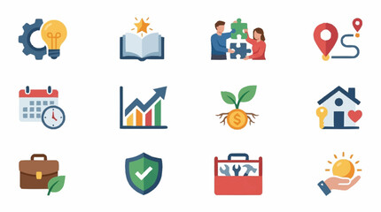 Fototapeta premium Colorful flat icons representing various business and lifestyle concepts.