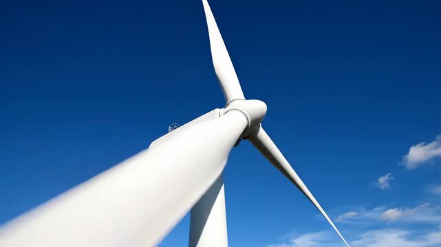 Large wind turbine spins in bright blue sky at a renewable energy site