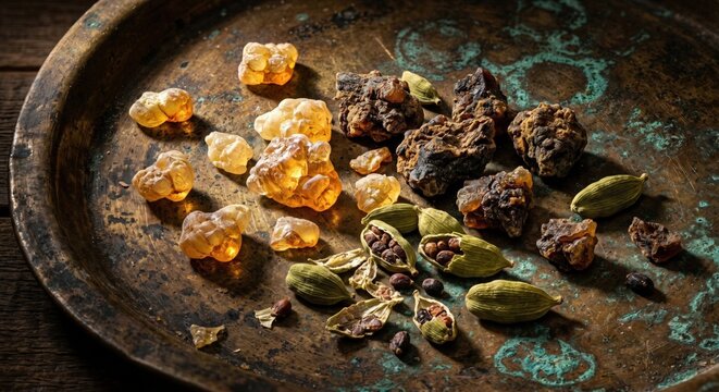 Raw frankincense tears, myrrh resin chunks, and green cardamom pods on antique oxidized brass tray