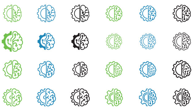 machine learning ai brain gear icon set with digital circuit lines outline vector