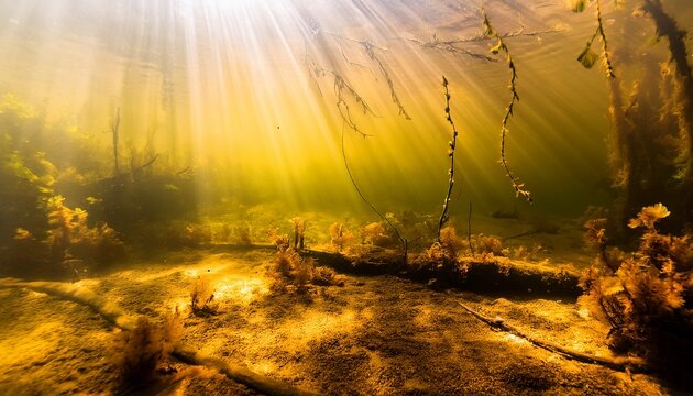 dirty muddy water underwater photo yellow water sunlight underwater swamp or river golden hue