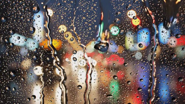 Rain drops on a window with blurred city lights at night