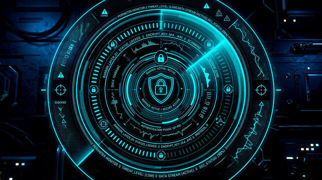 Concentric circular security interface with glowing blue lines and lock icons