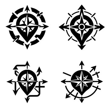 Masterpiece Universal Wayfinding icon featuring a compass, directional arrows, and navigation paths combined into a harmonious geometric composition. Premium black and white vector emblem ideal for pu