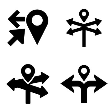 Masterpiece Universal Wayfinding icon featuring a compass, directional arrows, and navigation paths combined into a harmonious geometric composition. Premium black and white vector emblem ideal for pu