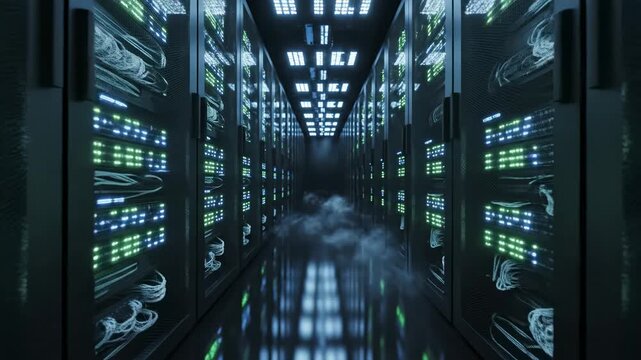 Exploring a modern data center with servers and network equipment at night