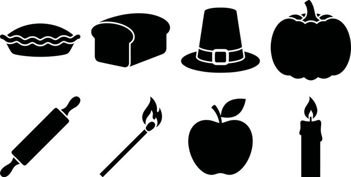 Bakery and kitchen icon set featuring pie bread pumpkin hat apple candle and rolling pin, silhouette