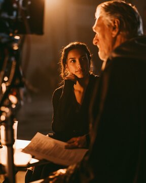 A young actress and an older actor exchange a tense look on a dimly lit film set, with soft key light, shallow depth of field, script pages, and a camera rig creating a dramatic behind-the-scenes