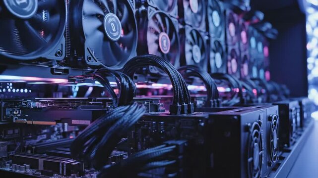 Mining rig shows computer parts working together in a small room during nighttime