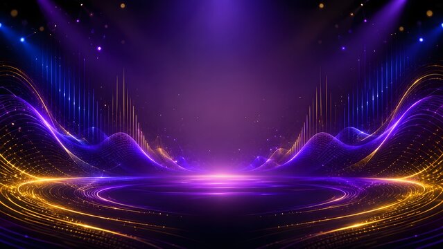 Neon abstract stage background with purple waves and golden light particles. This professional design is suitable for music festivals, virtual concerts, and modern party flyers.