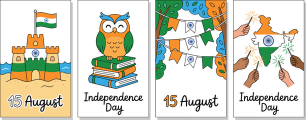 Obraz premium India Independence Day 15 August Card Set with Sand Castle Owl on Books Flag Bunting and Firework Sparkler India Map Illustration