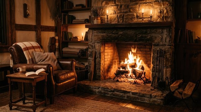 A warmly lit interior scene showcases a rustic living room with a large stone fireplace as the focal point. A comfortable leather armchair sits before the fire, inviting relaxation.