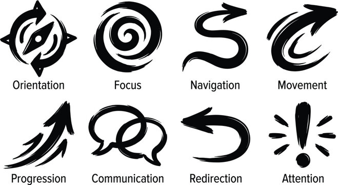 Hand Drawn Navigation Arrow Icons Set with Direction Focus Communication and Progress Symbols