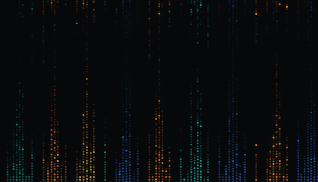 Abstract digital rain background with falling vertical columns of colorful blue green and orange pixels on black.