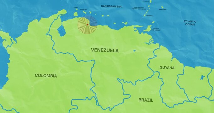 Motion graphic video of an earth waves concentric lines into a Venezuela map of an earthquake epicenter composition concept