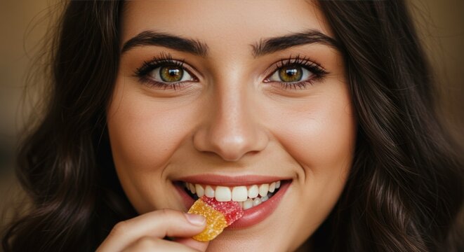 Woman eating candy smiling sweet.