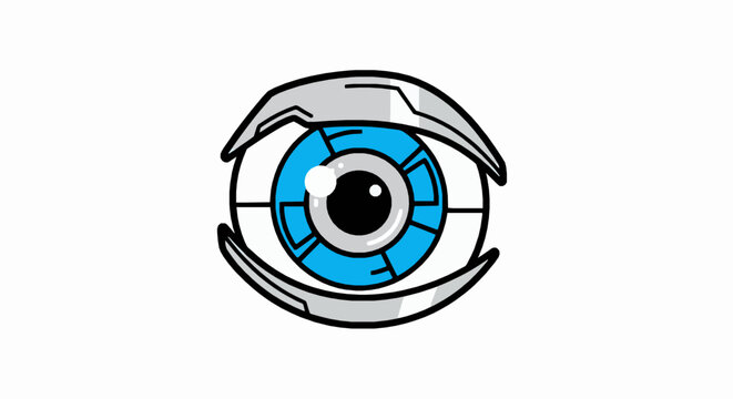 Futuristic robotic eye icon, vector illustration of a cybernetic eye with blue iris and metallic eyelids