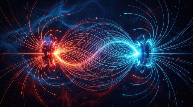 Two magnetic poles, labeled 'N' and 'S', interact with each other in a vibrant, cosmic background. Red and blue swirling lines represent the magnetic field lines emanating from the poles.
