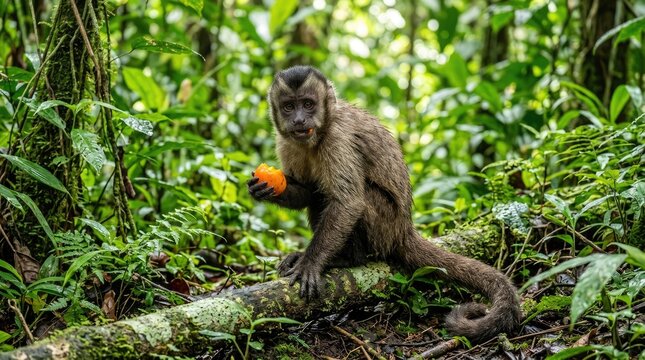 A brown howler monkey sits on a log in a lush rainforest. The monkey holds an orange fruit in its hands and appears to be eating it.