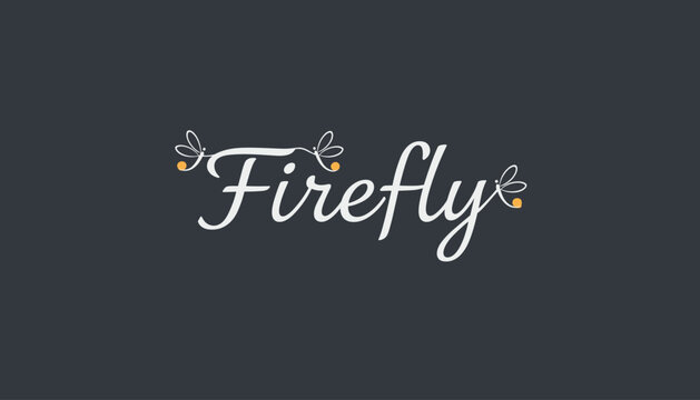 Elegant firefly calligraphy wordmark logo with glowing insects on a dark grey background for branding and design.