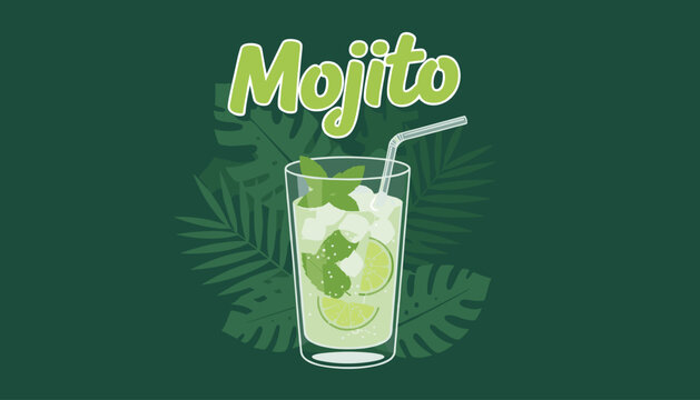 Refreshing mojito cocktail glass with lime slices, mint leaves, and ice cubes against a dark green tropical palm backdrop.
