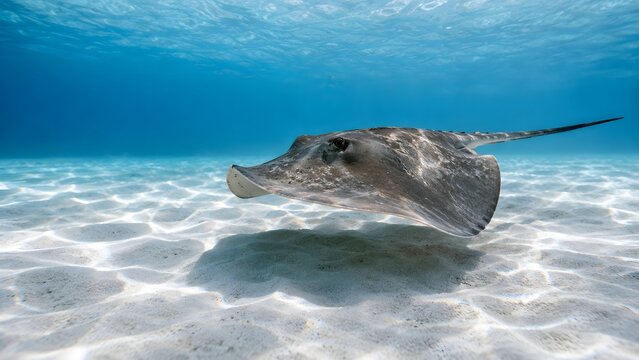 Large stingray resting on the white sandy bottom of a shallow tropical ocean. This high resolution wildlife photo is suitable for beach vacation ads and marine species guides.