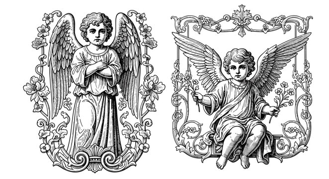 Vintage Victorian cherub angels in ornate floral frames black and white line art vector engraving set for religious holiday decoration
