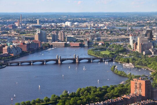 Boston city, Massachusetts. Aerial view of Back Bay with Charles River.
