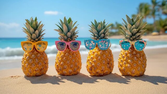 Four pineapples with sunglasses on tropical beach
