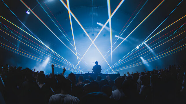 Dj performing on stage at a music festival with bright blue laser beams, intersecting light rays, and a silhouette of a cheering crowd
