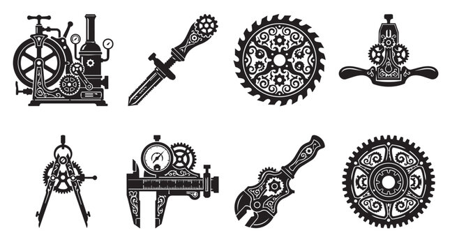 Set of eight black and white steampunk featuring mechanical gears, a steam engine, a caliper, a compass, a saw blade, and ornate hand tools with intricate victorian-era industrial detailing