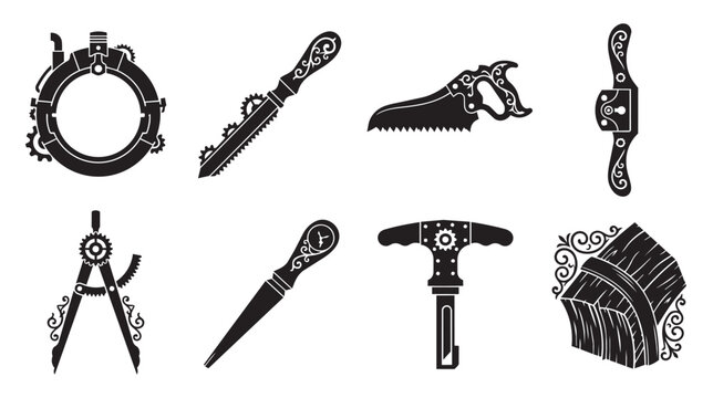 Set of eight black silhouette featuring vintage steampunk tools, including a circular gear frame, ornate hand saw, drafting compass, metal file, and decorative mechanical hardware