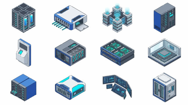 Isometric Server Rack and Data Center Technology Icons.