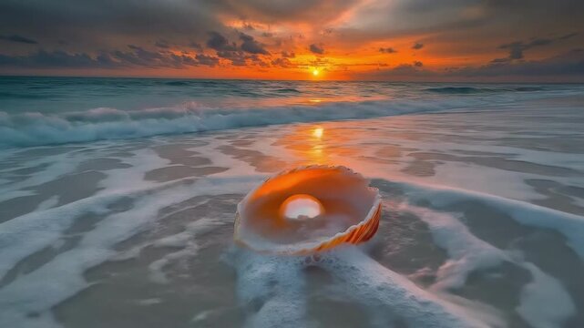 Sunset on a beach with shell and pearl by the ocean waves