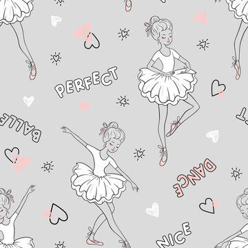 Ballet dance seamless pattern with cute ballerinas in tutu, words and hearts. Classical ballet dance background