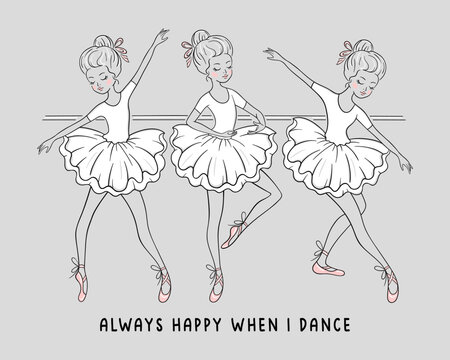 Vector dancing class hand drawn illustration with ballerinas in tutu on gray background. Classical ballet dance studio lesson
